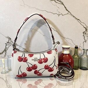 COACH White Cherry Print Pebble Leather Shoulder Bag